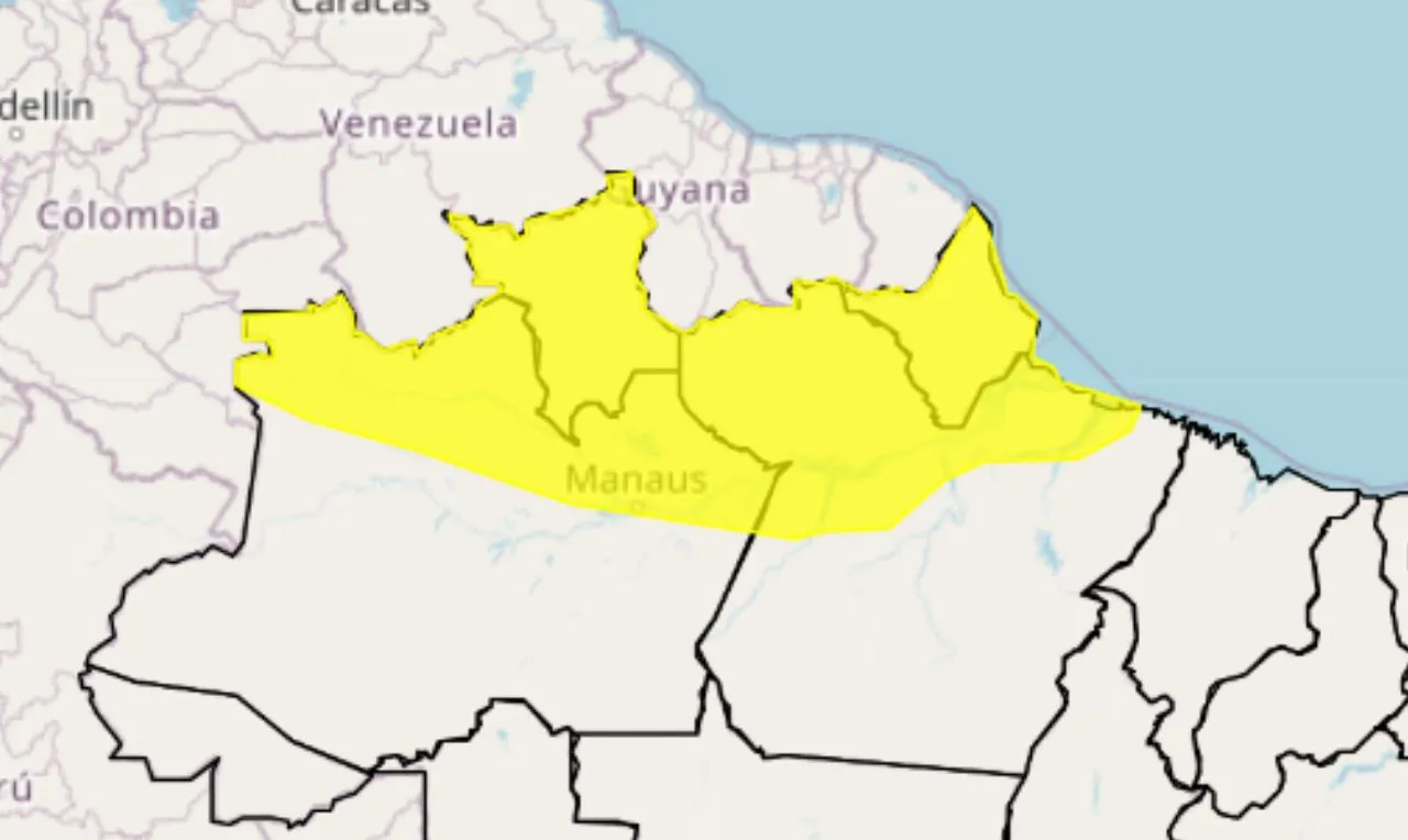 o mapa mostra as áreas em alerta amarelo para chuva no norte